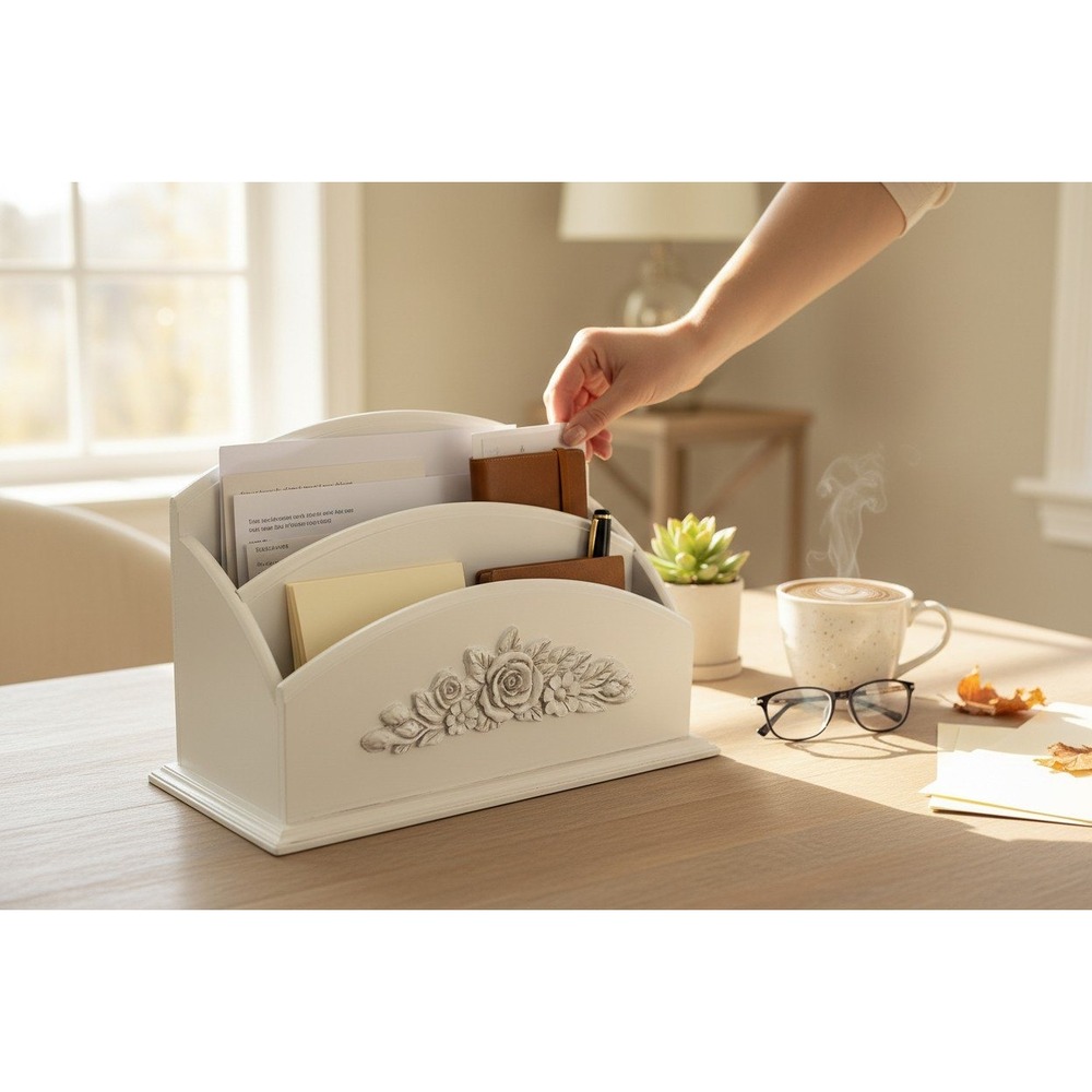 Paris Loft Mail Organizer Sorter OS White NWOT Floral Shabby Chic 066002